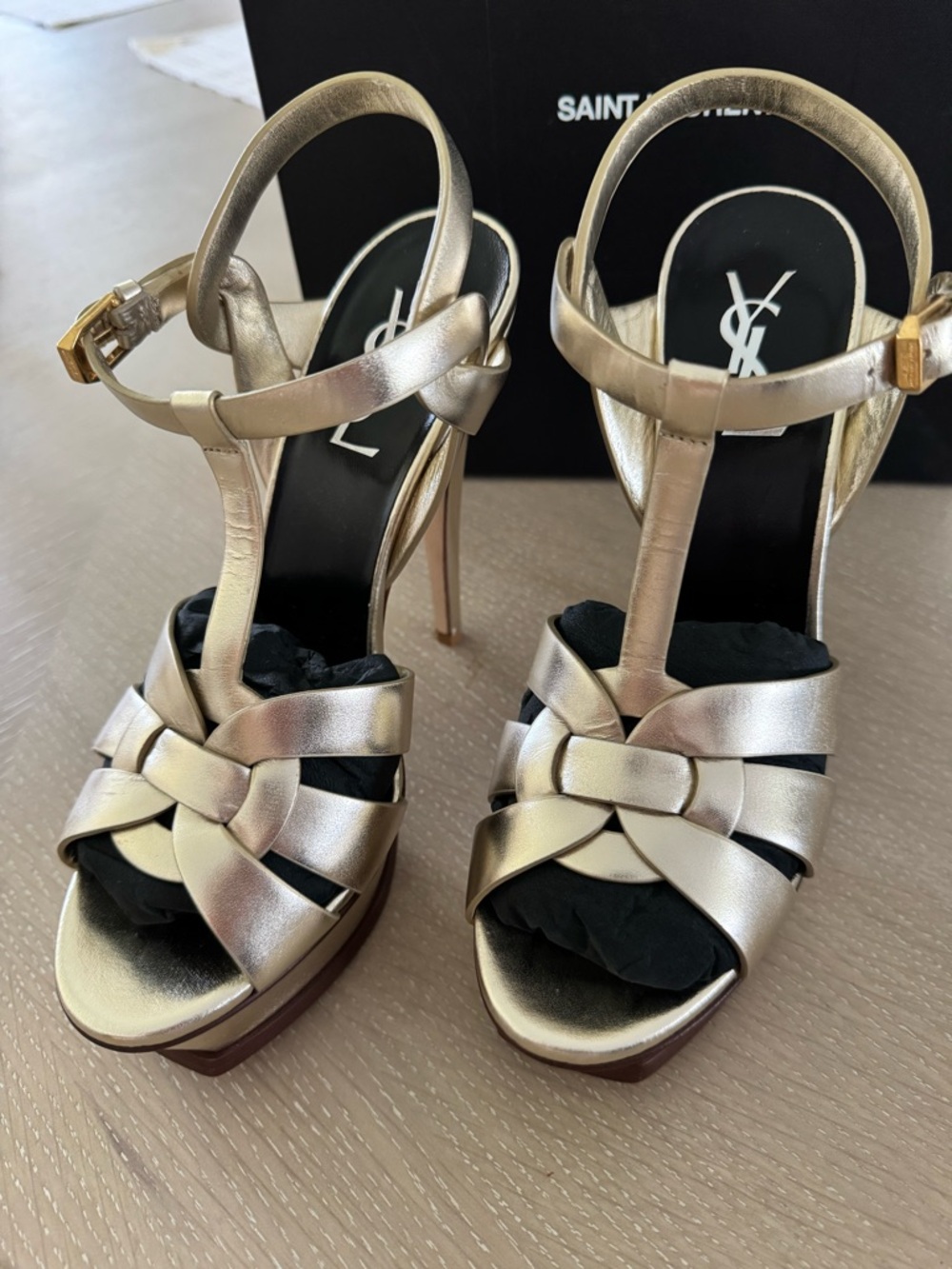 Saint Laurent Gold Knotted T-Strap Platform Sandals